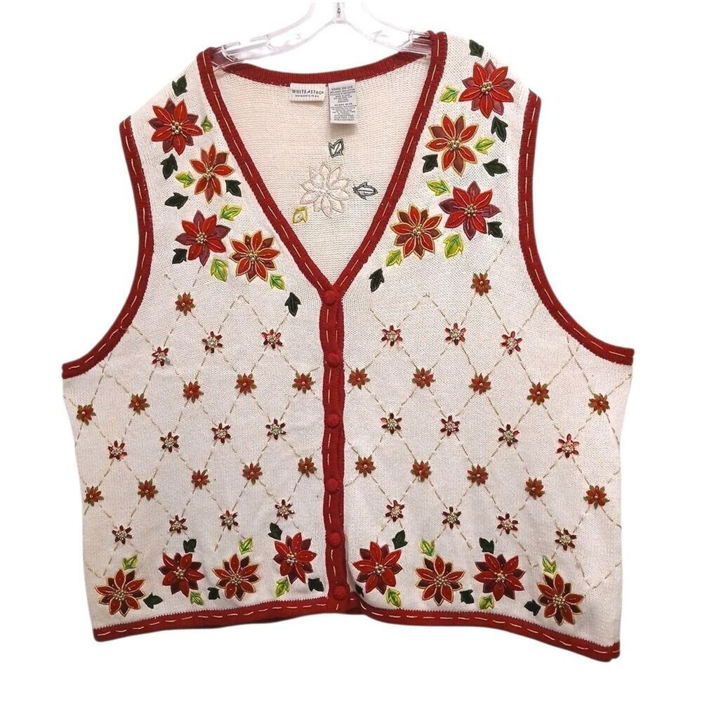 Vintage White Stag Vest Plus Sz 26 28‎ White Red Poinsettia Embroidered Beaded